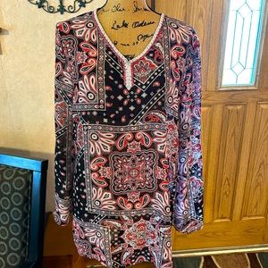 Mechant Sheer Black And Red Paisley Beaded Long Sleeve Tunic Top Size L.